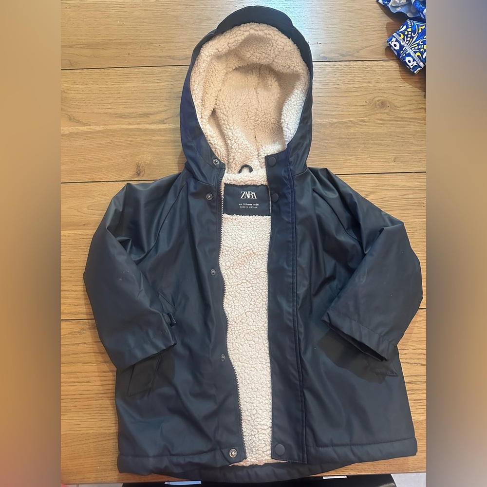 Zara Kids Navy Hooded Rain Jacket with Beige lining